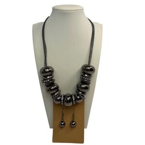 Gunmetal Grey Statement Necklace and Earring Set Rhinestone Goth Chunky Y2K NWT